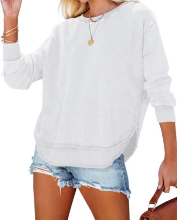 Sweatshirt for Women Crewneck Long Sve Side Split Tops Casual Solid Color Loose Pullover Shirts  Clothes