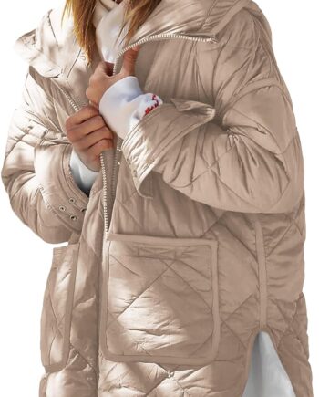 Women Quilted Puffer Jacket Hooded Long Sleeve Zip Up Winter Coat Lightweight Warm Jackets with Pockets