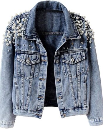 Women Jean Jacket Embroidered Rivet Pearl Short Denim Jacket Coat