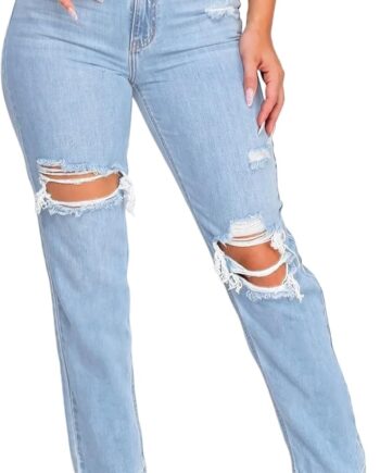 Jeans for Women High Waist Wide Leg Distressed Raw Hem Destroyed Straight Leg Stretchy Denim Pants