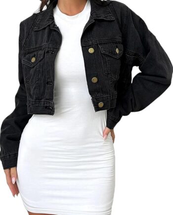Women Washed Distressed Denim Jacket Long Sleeve Ripped Button Up Cropped Jean Jacket