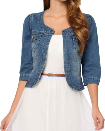 Denim Jacket for Women Collarless  Cardigan 3/4 Sleeve Crop Jean Jackets