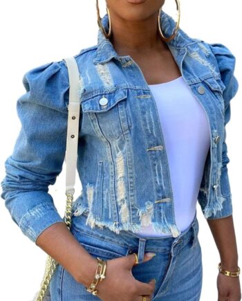 Women Ripped Puff Sleeve Denim Crop Top Long-Sleeve Cropped Jean Jacket