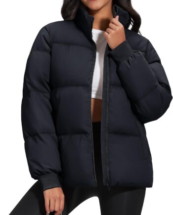 Women Winter Down Puffer Jackets Stand Collar Zip Up Water Resistant Warm Padded Quilted Coat with Pockets