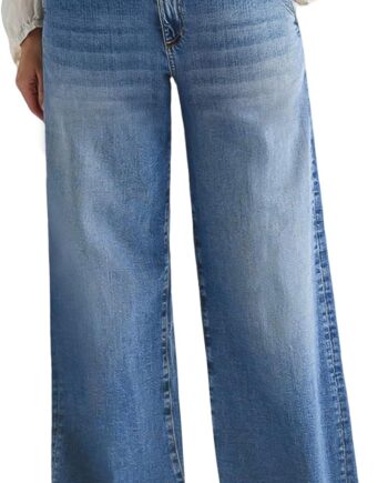 Wide Leg Jeans for Women Mid Waist Baggy Stitch Decor Denim Washed Pants Without Belt