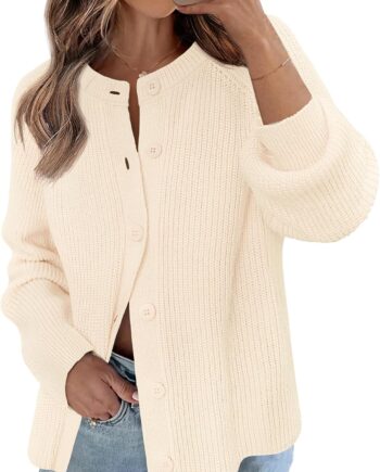 Women's  Long Sleeve Cardigan Sweater Fall Crew Neck Button Open Front Chunky Knit Outfits