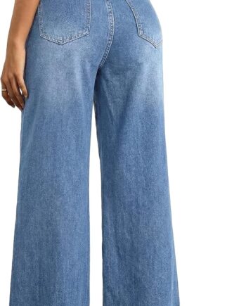 Women Wide Leg Baggy Jeans Mid Rise Butt Lifting Stretchy Denim Pants   Boyfriend Back Patchwork Jeans
