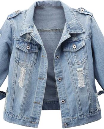 Women Autumn 3/4 Sleeve Retro Short Denim Jackets Light Blue Jean Coats