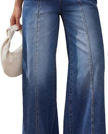 Trendy Queen Women Wide Leg Baggy Jeans - High Waisted Relaxed Fit Pants, Super Soft Stretch Denim with Front Seam