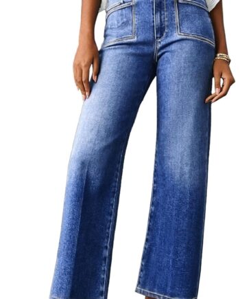 Astylish Women Wide Leg Jeans High Waisted Stretchy Buttoned Denim Pants Trendy  with Pocket