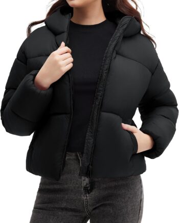 Women Cropped Puffer Jackets with Removable Hood Lightweight Winter Zip Up Padded Quilted Coat