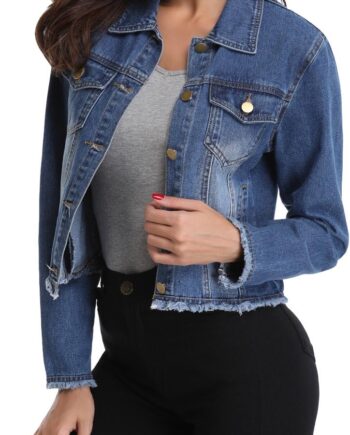 Jean JacketWomenFrayed Washed Button Up Cropped Denim Jacket w 2 Side Pockets