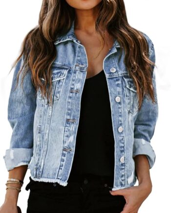 Women Denim Jacket Long Sleeve Button Distressed Ripped  Jean Coat