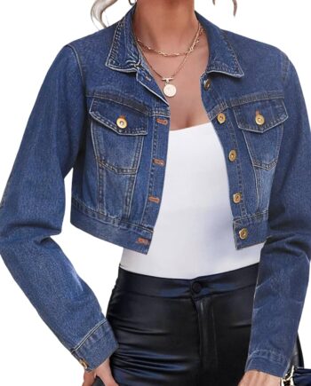 Women Cropped Denim Jean Jacket Button Down Frayed Washed Long Sleeve Casual Jacket Coats
