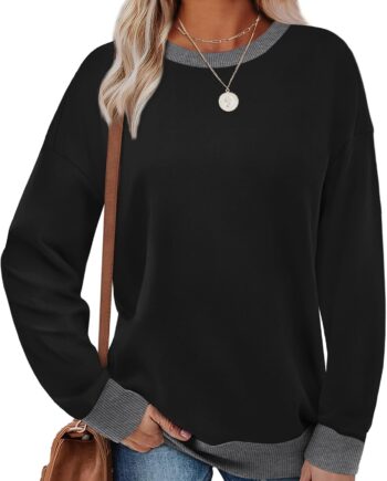 Sweatshirts for Women Crewneck Long Sve Loose Fit Tops Color Block Ribbed Trim Fashion