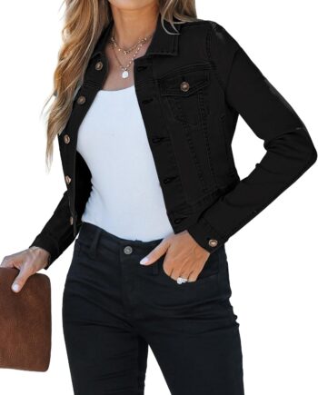 Cropped Jean Jackets for Women Fashion Short Denim Shacket Jacket Lightweight Fitted Stretchy with Pockets