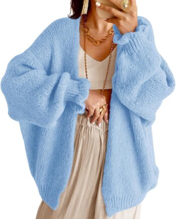 Womens Oversized Open Front Cardigan Fall Ruffle Lantern Long Sleeve Chunky Knit Loose Sweater Coats