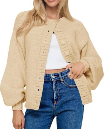 Womens Long Sleeve Button Down Cardigan Sweaters Crew Neck Open Front Knit Casual Loose Fit Fall Sweater Coat