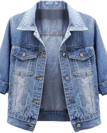 Women 3/4 Sleeve Short Denim Jacket Lapel Button Down Cropped Trucker Jean Jackets Coats