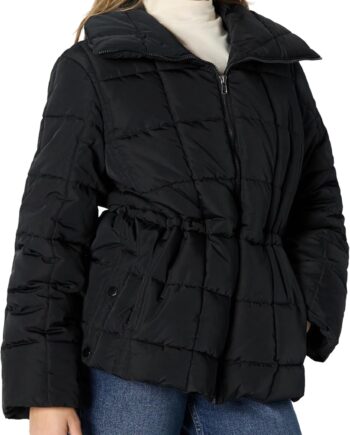 Women Oversized-Fit Square Quilted Puffer Jacket with Adjustable Waist