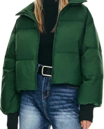 Women Winter Oversized Cropped Puffer Jacket Zip Up Short Down Coat Stand Collar Baggy Overcoat